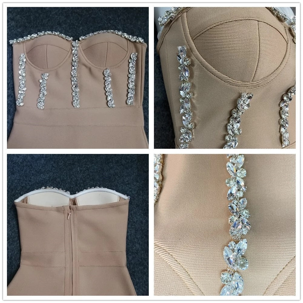 Sexy Strapless Women Dress Bandage Bodycon 2021 New Elegant Beading Party Evening Club Midi Dresses Summer Autumn Clothes