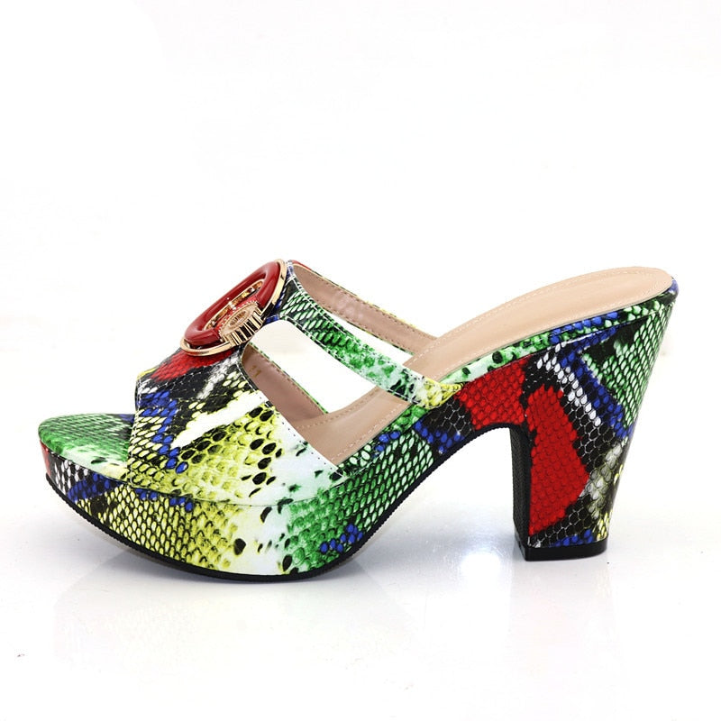 New Arrrival Italian Design Women Shoes Snake Pattern Multicolor with Rhinestone Summer Shoes Big Size Ladies Shoes High Heels