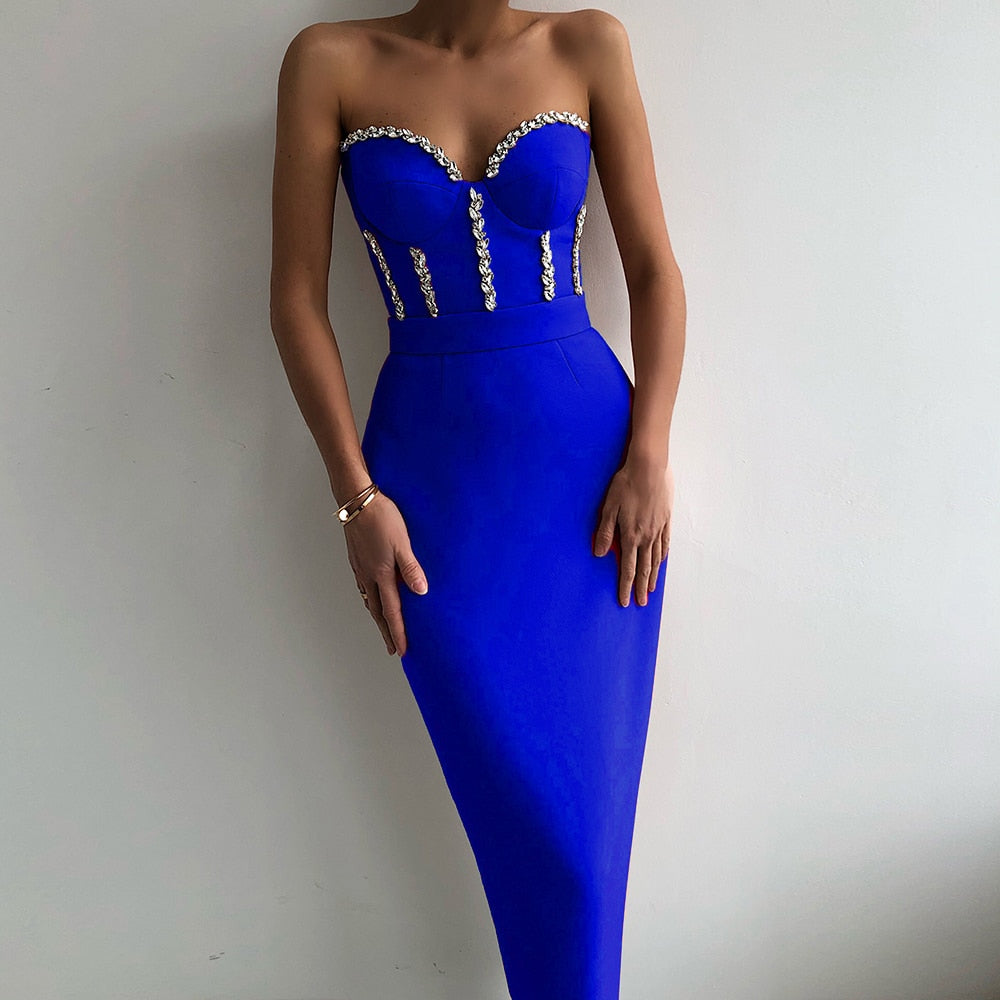 Sexy Strapless Women Dress Bandage Bodycon 2021 New Elegant Beading Party Evening Club Midi Dresses Summer Autumn Clothes