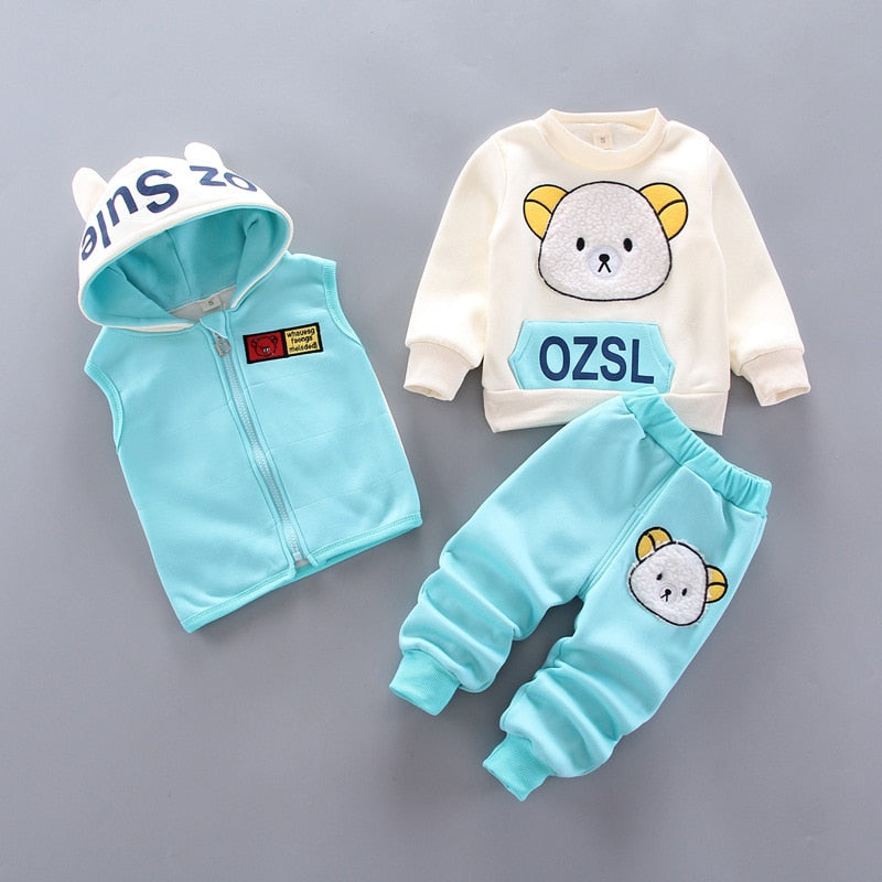 Winter Baby Girls Hooded Clothes Children Halloween Sets Vest+Coat+Pant 3 Pieces Boy Suits Cartoon Bear Garment For Kids 1-4 Age