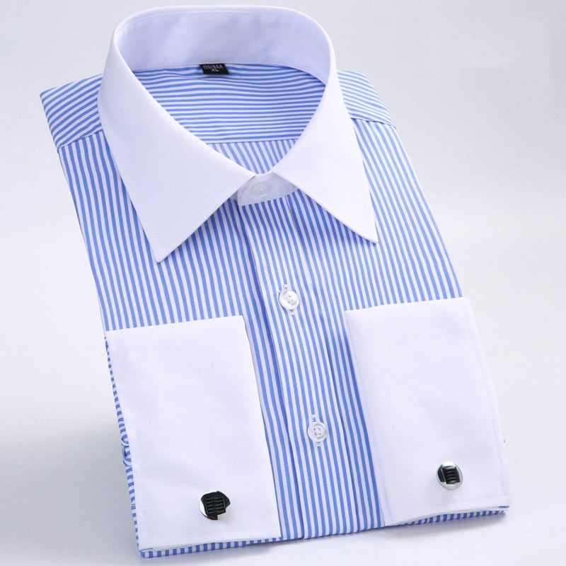 French Cuff Mens Formal Business Dress Shirt Solid Male Party Wedding Tuxedo Shirts with Cufflinks