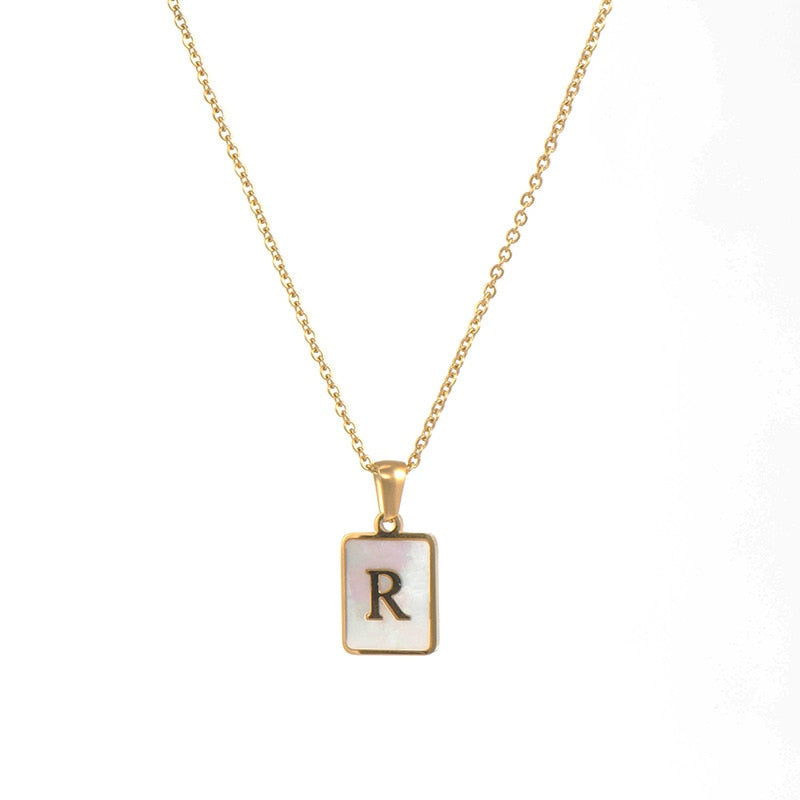 2021 Trend 18K Golden Chain Necklaces Male Square Natural Shell Initial Letters Pendant Stainless Steel Jewelry for Women Gifts