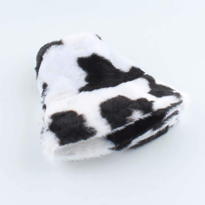 Faux Fur Winter Hats For Women Black White Cow Print Bucket Hat Men Panama Fisherman Caps Gorras