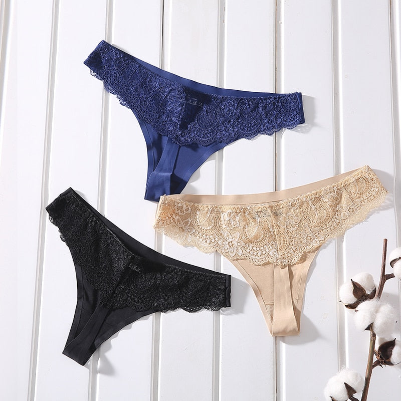 1 Pcs Female Ice Silk Thongs Underwear For Woman Sexy Lace Seamless Mid Rise Cotton Crotch Woman G-string Free Shipping BANNRIOU