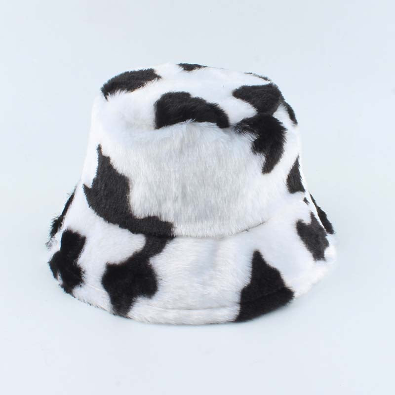 Faux Fur Winter Hats For Women Black White Cow Print Bucket Hat Men Panama Fisherman Caps Gorras