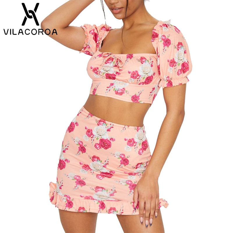 Print Streetwear Female 2 Piece Set Square Collar Bubble Sleeve Lace Up Crop Top High Waist Ruffle Skirt Backless Women Suit