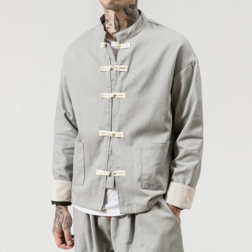 Kimono Jacket Men  Men Cotton Jacket China Style Frog Closure Button Kongfu Coat Male Loose Parchwork Cardigan Overcoat 5XL