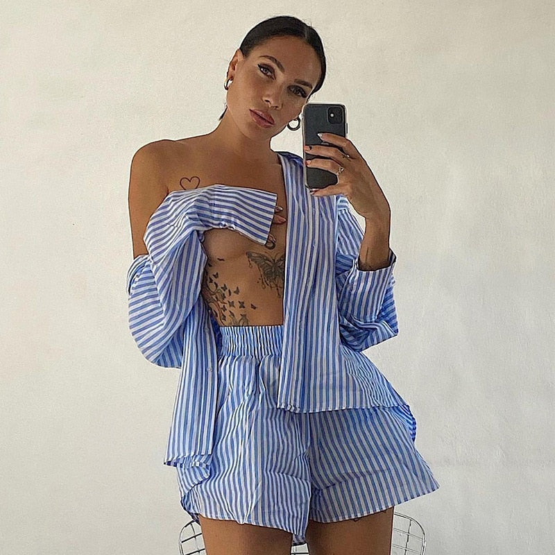 Cryptographic Fashion Casual Striped Blouse Shirts and Shorts Matching Set Loose Shirt Sleeve Top Outfits Summer 2021 Women Set
