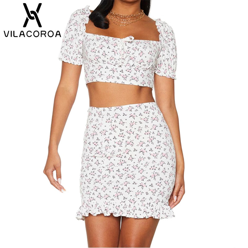 Print Streetwear Female 2 Piece Set Square Collar Bubble Sleeve Lace Up Crop Top High Waist Ruffle Skirt Backless Women Suit