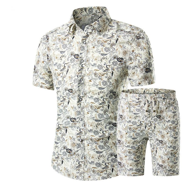 Summer Men Sets 2022 New Print Floral Short Sleeve Shirts Sets Fashion Casual Fit Slim Turn-down Collar Men Suits