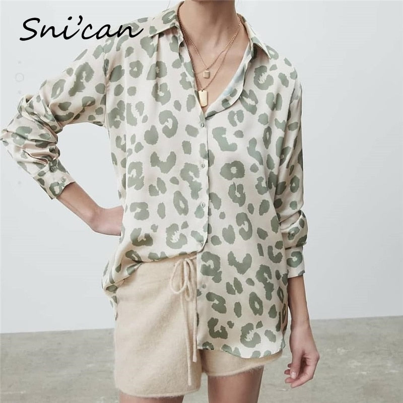 Snican Leopard Print Blouse Women Spring Long Sleeve Turn Down Collar Office Ladies Satin Shirts Blusas De Mujer Chemise Za 2021