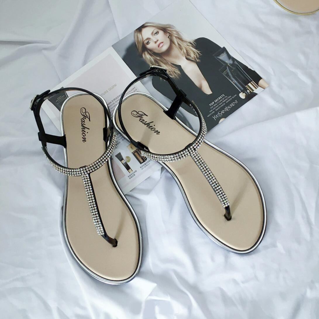 Koovan Women&#39;s Shoes 2021 Summer Rhinestone Flat Shoes Clip T-type Strap Roman Shoes Low Sandals Women Plastic Sandals Beach