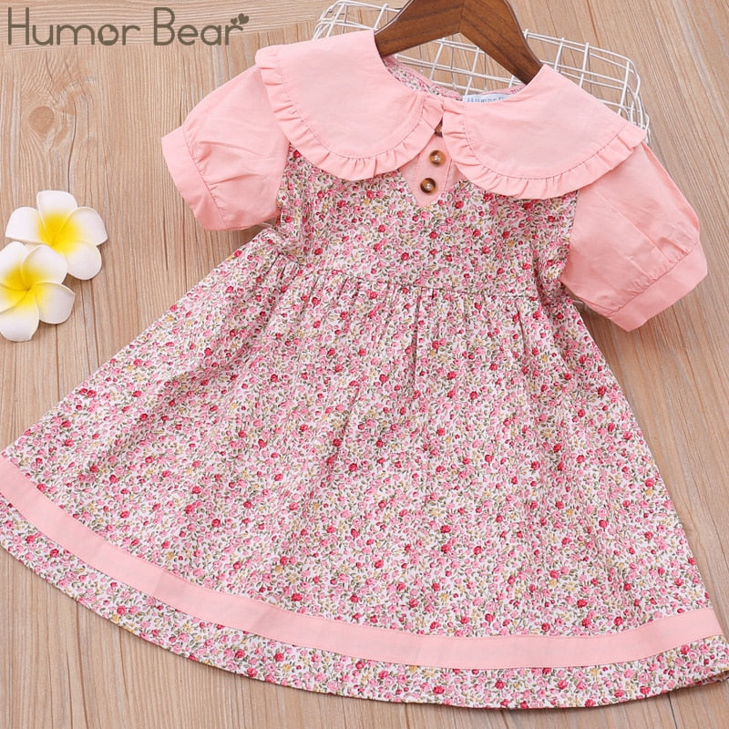 Humor Bear Girls Floral Dress  NEW Baby Girls Dress Party College Style Lapel Princess Dress Fashion Kids Children Clothing