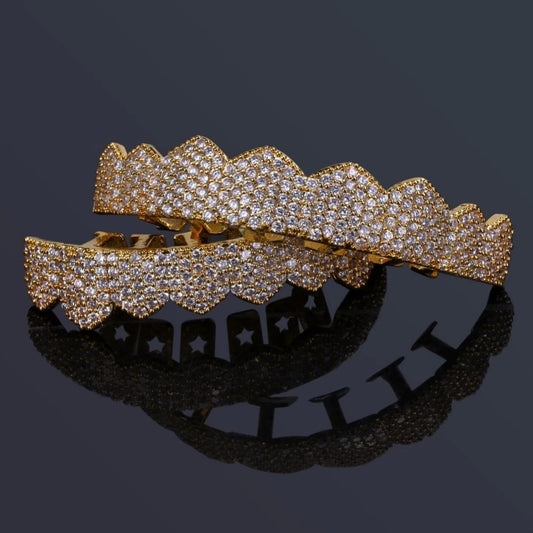 TOPGRILLZ Fit Gold Silver Color Iced Out Hip Hop Teeth Grillz Micro Pave Cubic Zircon Top &amp; Bottom Teeth Grills Set