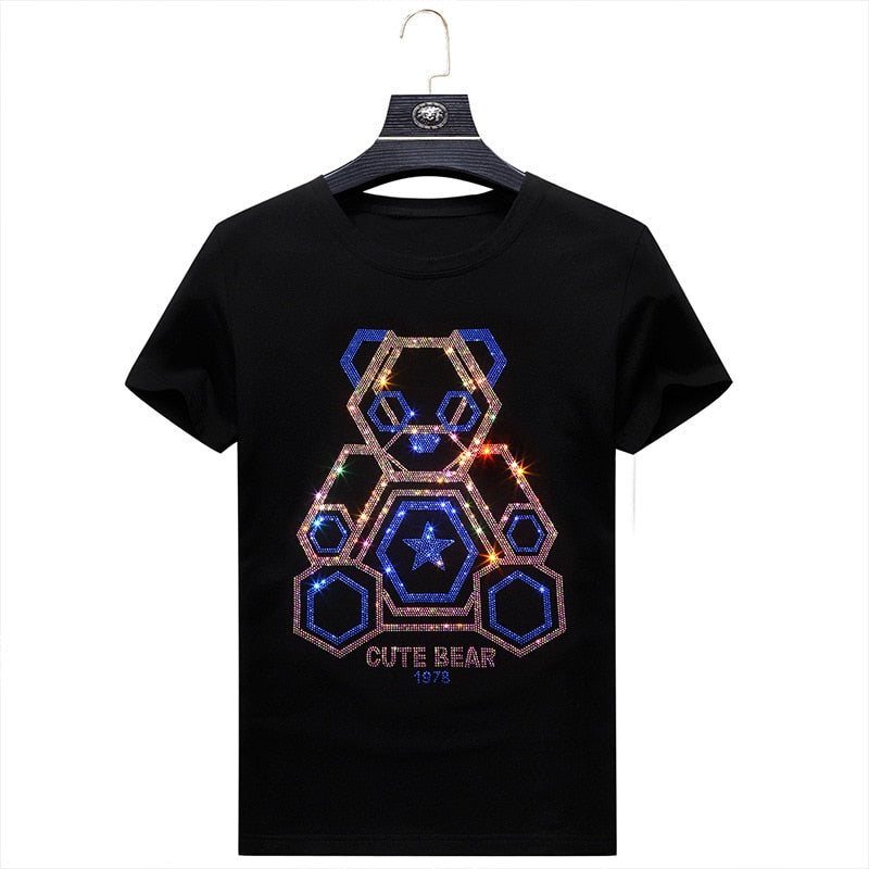 Plus Size 7XL 2021 Cute Bear Rhinestones T Shirts Men Brand Short Sleeve Fashion Man Streetwear O Neck Slim Modal Cotton Tshirts