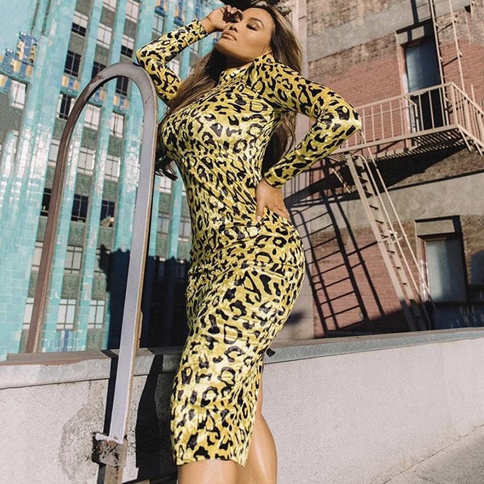 2021 Winter New Fashion Leopard Print Long Dress Elegant Women Long Sleeve Bodycon Dress Celebrity Evening Party Runway Vestidos