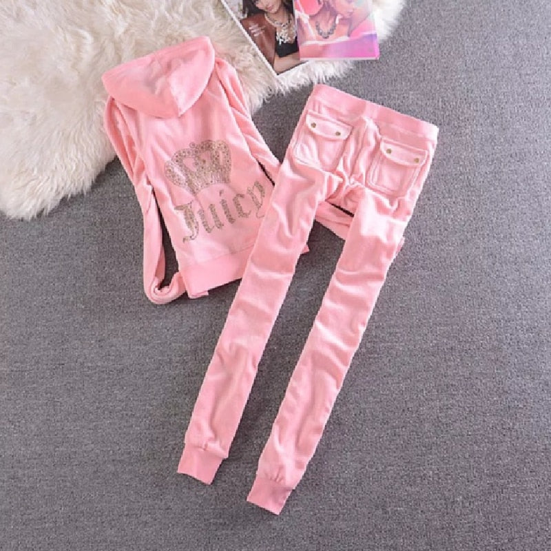 2022 Women&#39;s Elegant Velvet Tracksuit Two Piece Set Women Sexy Hooded Long Sleeve Top And Pants Bodysuit Suit