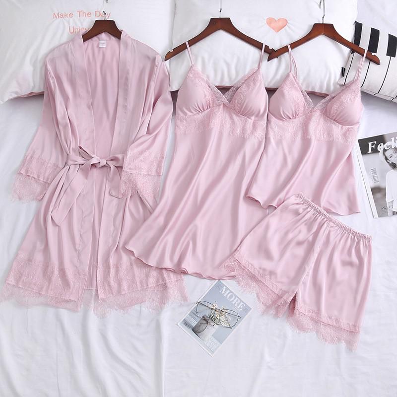 Lace Sexy Kimono Bathrobe Gown Satin Women Pink Sleepwear Casual Spring Summer New Nightwear Intimate Lingerie Homewear