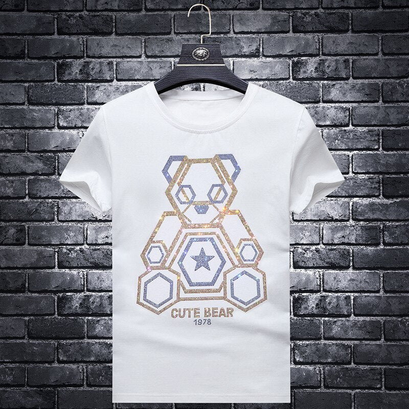 Plus Size 7XL 2021 Cute Bear Rhinestones T Shirts Men Brand Short Sleeve Fashion Man Streetwear O Neck Slim Modal Cotton Tshirts