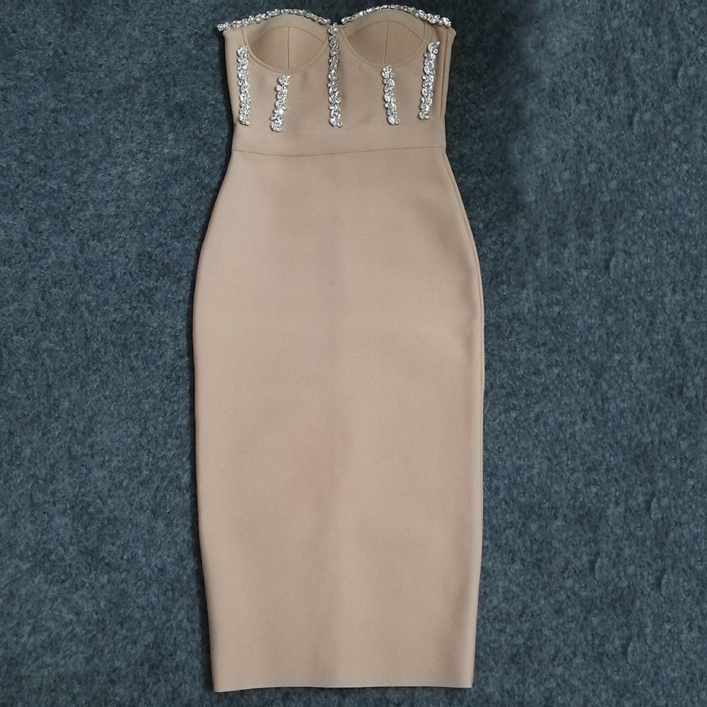 Sexy Strapless Women Dress Bandage Bodycon 2021 New Elegant Beading Party Evening Club Midi Dresses Summer Autumn Clothes