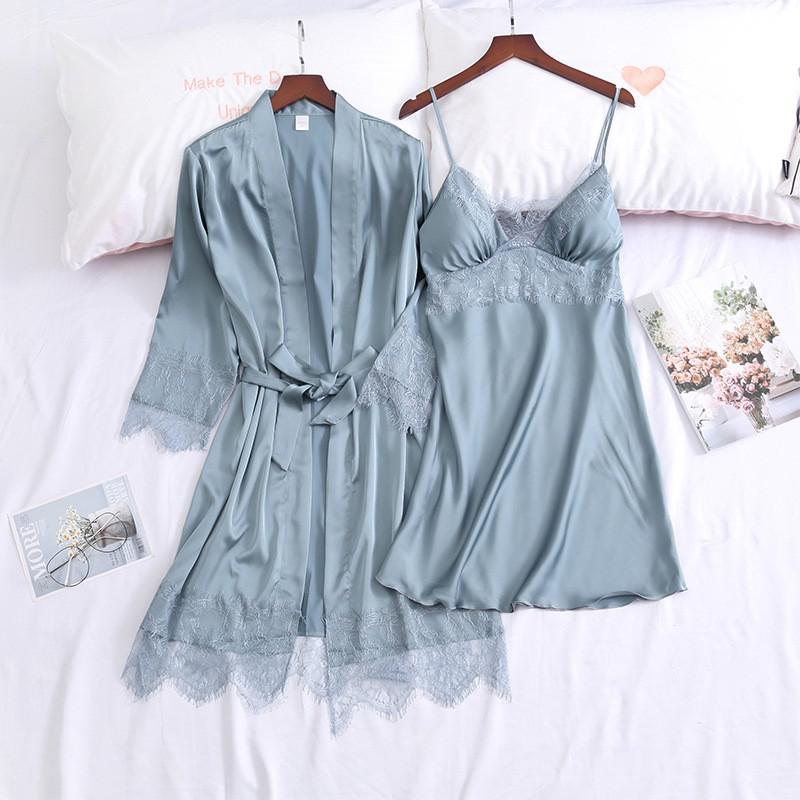 Lace Sexy Kimono Bathrobe Gown Satin Women Pink Sleepwear Casual Spring Summer New Nightwear Intimate Lingerie Homewear