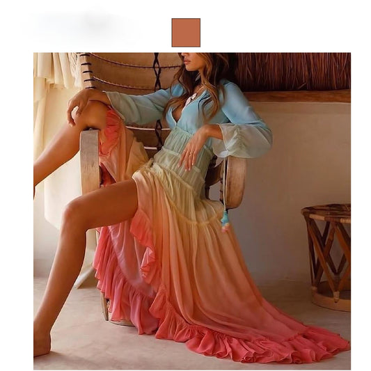 Women&#39;s deep V long sleeve gradual change dress long skirt