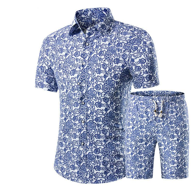 Summer Men Sets 2022 New Print Floral Short Sleeve Shirts Sets Fashion Casual Fit Slim Turn-down Collar Men Suits