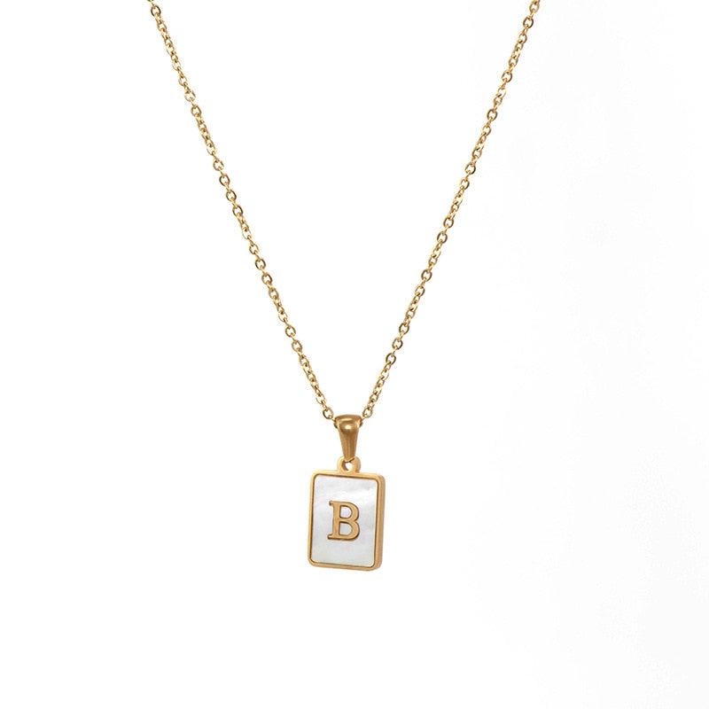 2021 Trend 18K Golden Chain Necklaces Male Square Natural Shell Initial Letters Pendant Stainless Steel Jewelry for Women Gifts
