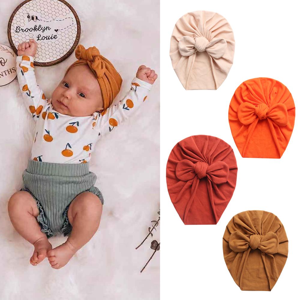 Solid Baby Cotton Beanies Cute Bear Ear Bowknot Turban Hats Sweet Soft 0-4T Elastic Caps for Newborn Baby Boy Girls Headwraps