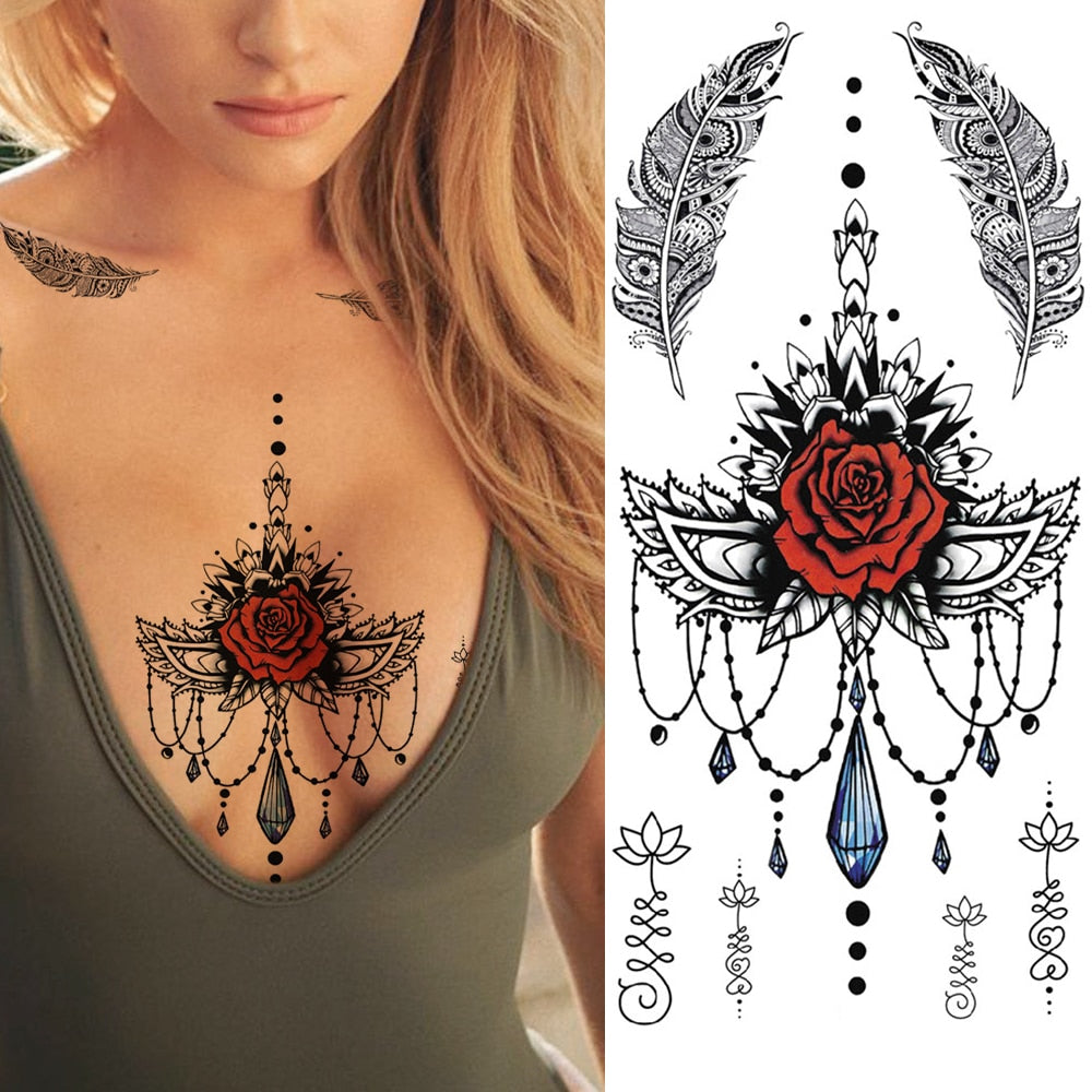 Fashion Mandala Flower Fake Tattoo Stickers For Women Adults Geometry Totem Temporary Tattoos DIY Party Waterproof Tattos Leaves
