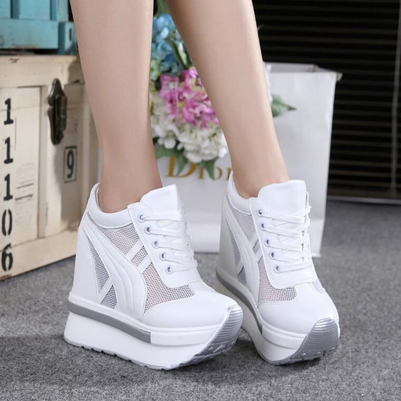 NEW Classic Women Mesh Platform Sneakers Trainers White Shoes 10CM High Heels Wedges Outdoor Shoes Breathable Casual Shoes Woman