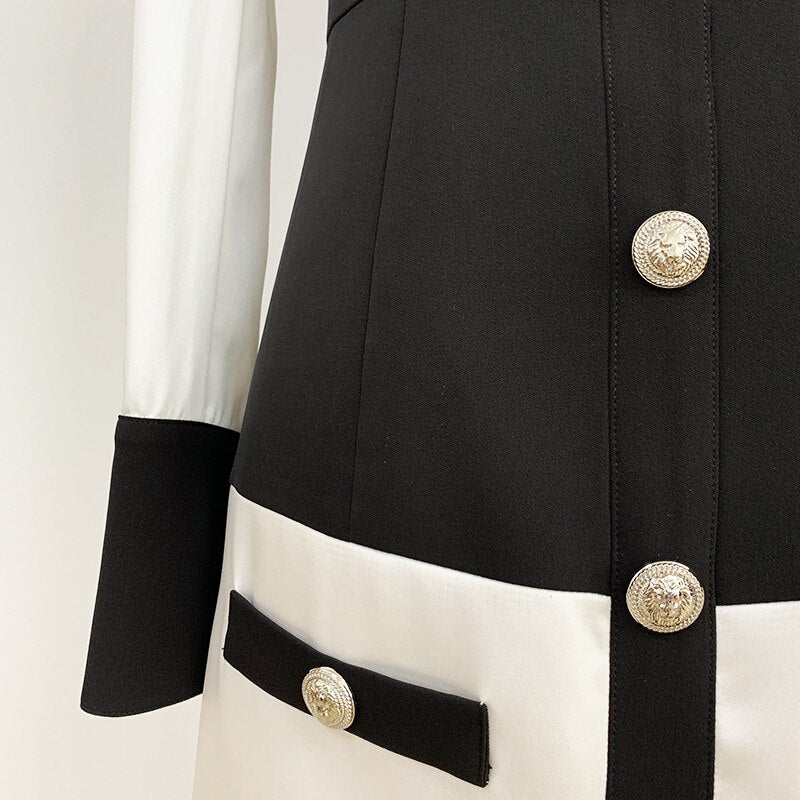 HIGH STREET 2022 Newest Designer Dress Women's Long Sleeve Color Block Patchwork Shirt Collar Lion Buttons Dress