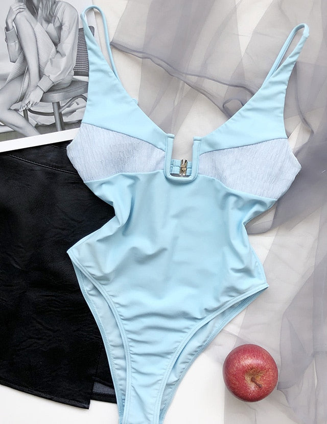 New Sexy U Neck High Cut Women Swimwear One Piece Swimsuit Female Splicing Monokini Bather Bathing Suit Swim Lady Bodysuit