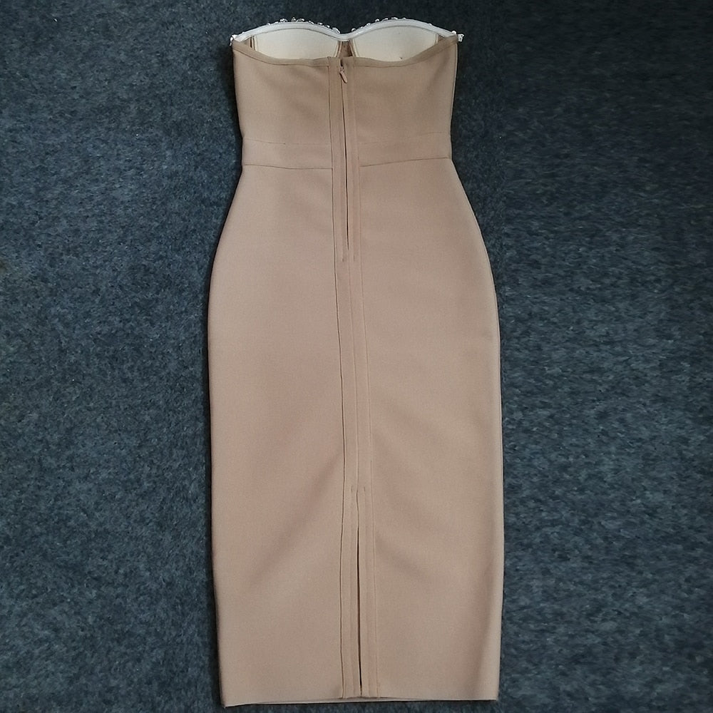Sexy Strapless Women Dress Bandage Bodycon 2021 New Elegant Beading Party Evening Club Midi Dresses Summer Autumn Clothes