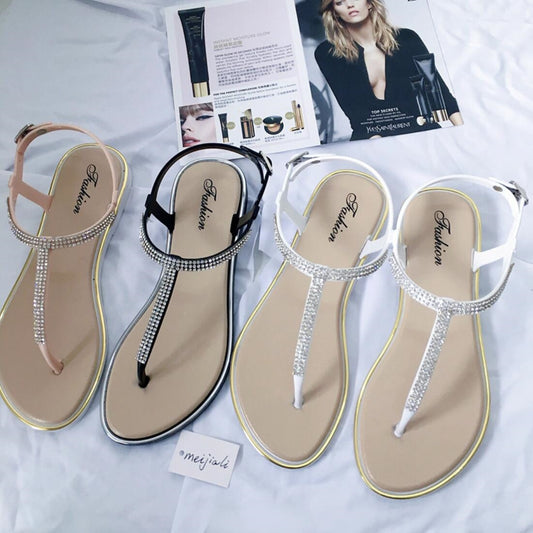 Koovan Women&#39;s Shoes 2021 Summer Rhinestone Flat Shoes Clip T-type Strap Roman Shoes Low Sandals Women Plastic Sandals Beach