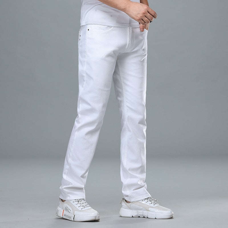 Classic Style Men&#39;s Regular Fit White Jeans Business Fashion Denim Advanced Stretch Cotton Trousers Male Brand Pants