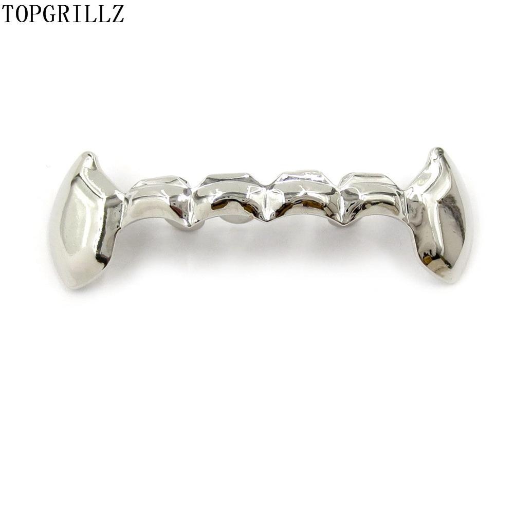 TOPGRILLZ Fang Grillz Set Gold Color Plated Half Teeth Dracula Vampire Fangs Slim Grills Gold Top & Bottom Grillz Teeth Set