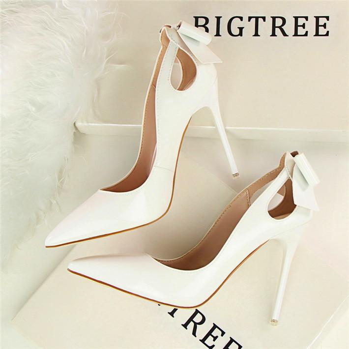 Bigtree Cut-outs Bowtie Pointed Toe 10cm High Heels Solid Patent Leather Shallow Woman Party Pumps Office Ol Shoes Woman