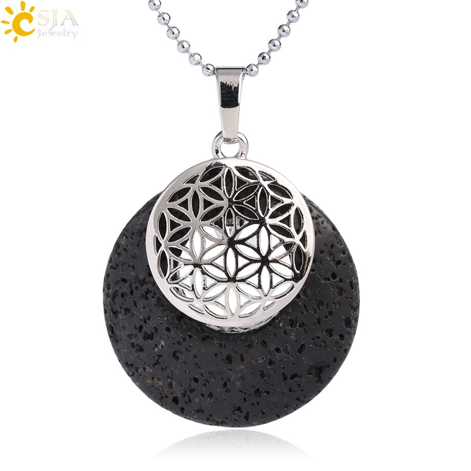 CSJA Natural Stone Flower of Life Pendant Necklace Reiki Amulets Hollow Out Circle Pendants Fit for Women Men Charm Jewelry G052