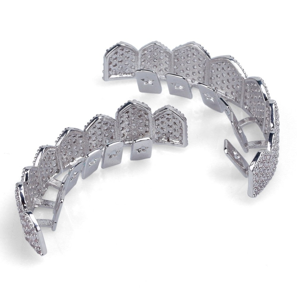 TOPGRILLZ Fit Gold Silver Color Iced Out Hip Hop Teeth Grillz Micro Pave Cubic Zircon Top &amp; Bottom Teeth Grills Set