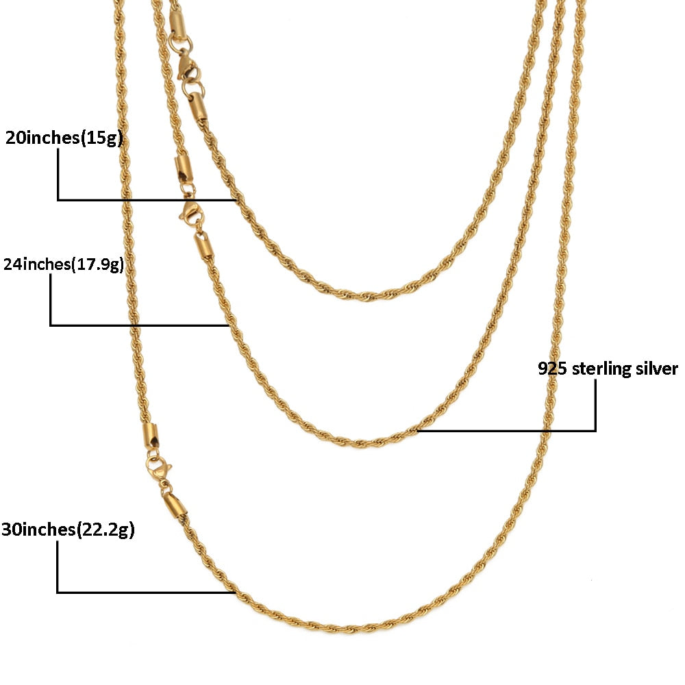 UWIN Men Women Hip Hop Rapper&#39;s Chain 3mm 18&#39;&#39; 20&quot; 24&quot; 30&quot; Stainless steel Gold Color Rope Link Necklace Fashion Hip hop Jewelry