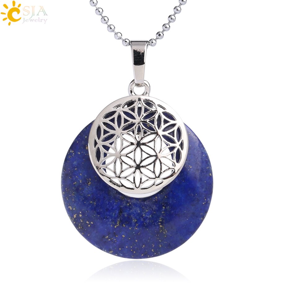 CSJA Natural Stone Flower of Life Pendant Necklace Reiki Amulets Hollow Out Circle Pendants Fit for Women Men Charm Jewelry G052