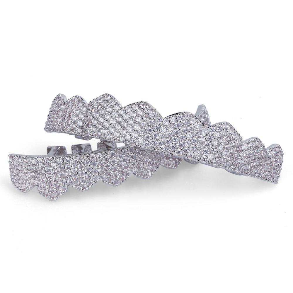 TOPGRILLZ Fit Gold Silver Color Iced Out Hip Hop Teeth Grillz Micro Pave Cubic Zircon Top &amp; Bottom Teeth Grills Set