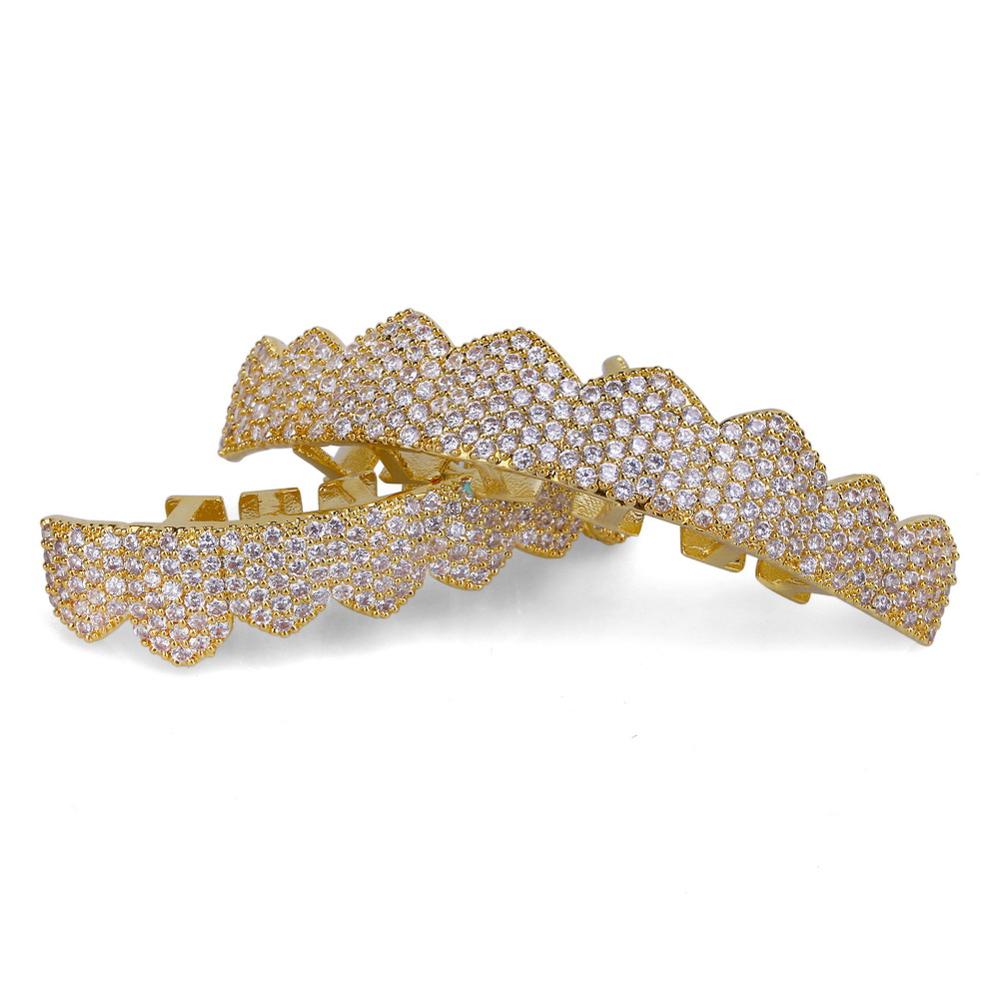TOPGRILLZ Fit Gold Silver Color Iced Out Hip Hop Teeth Grillz Micro Pave Cubic Zircon Top &amp; Bottom Teeth Grills Set
