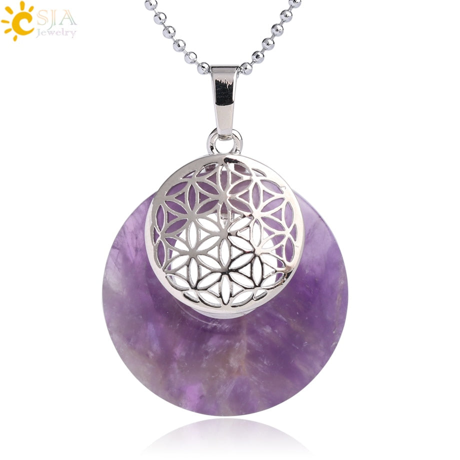 CSJA Natural Stone Flower of Life Pendant Necklace Reiki Amulets Hollow Out Circle Pendants Fit for Women Men Charm Jewelry G052