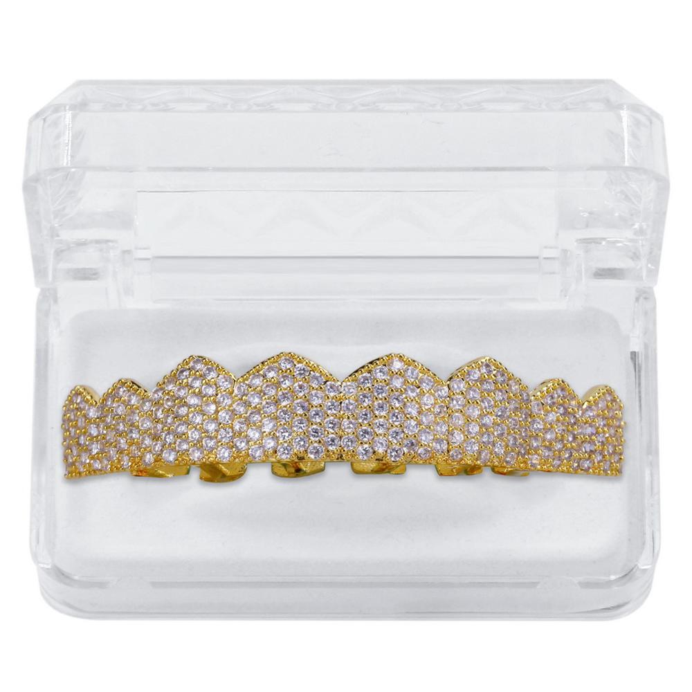 TOPGRILLZ Fit Gold Silver Color Iced Out Hip Hop Teeth Grillz Micro Pave Cubic Zircon Top &amp; Bottom Teeth Grills Set
