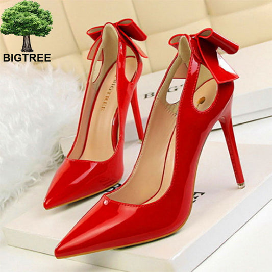 Bigtree Cut-outs Bowtie Pointed Toe 10cm High Heels Solid Patent Leather Shallow Woman Party Pumps Office Ol Shoes Woman