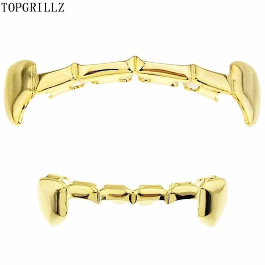 TOPGRILLZ Fang Grillz Set Gold Color Plated Half Teeth Dracula Vampire Fangs Slim Grills Gold Top & Bottom Grillz Teeth Set