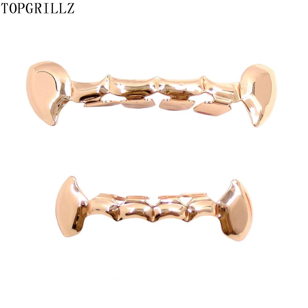 TOPGRILLZ Fang Grillz Set Gold Color Plated Half Teeth Dracula Vampire Fangs Slim Grills Gold Top & Bottom Grillz Teeth Set