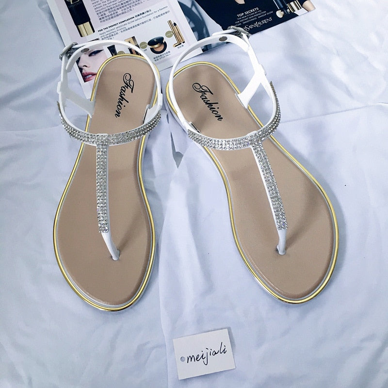 Koovan Women&#39;s Shoes 2021 Summer Rhinestone Flat Shoes Clip T-type Strap Roman Shoes Low Sandals Women Plastic Sandals Beach